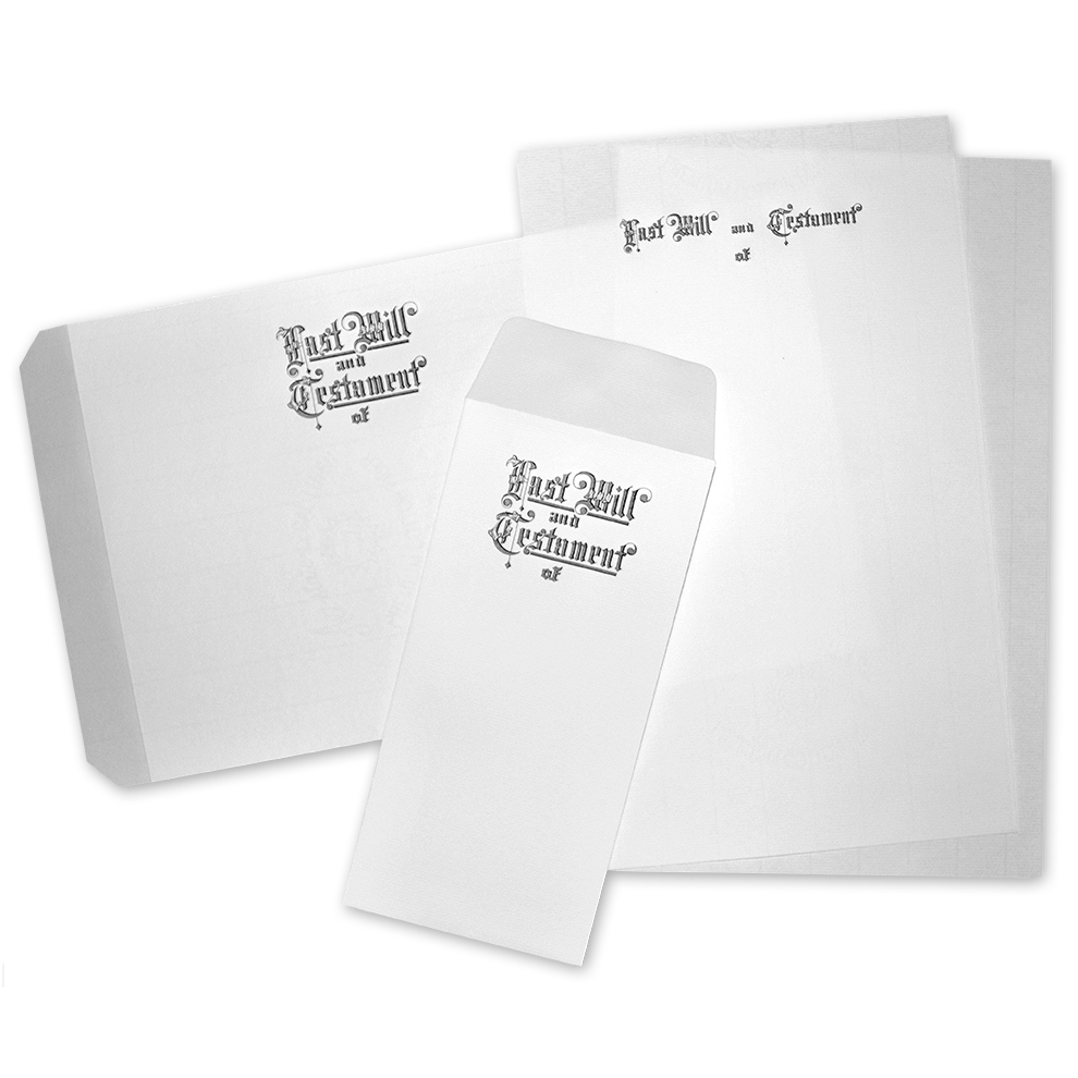 Will Kit, Style 501/502 501/502 "Last Will and Testament" Legal Size Kit includes: 25 First Pages, 100 Continuation Sheets, 25 Cover & 25 Env, Natural Laid, 25% Cotton