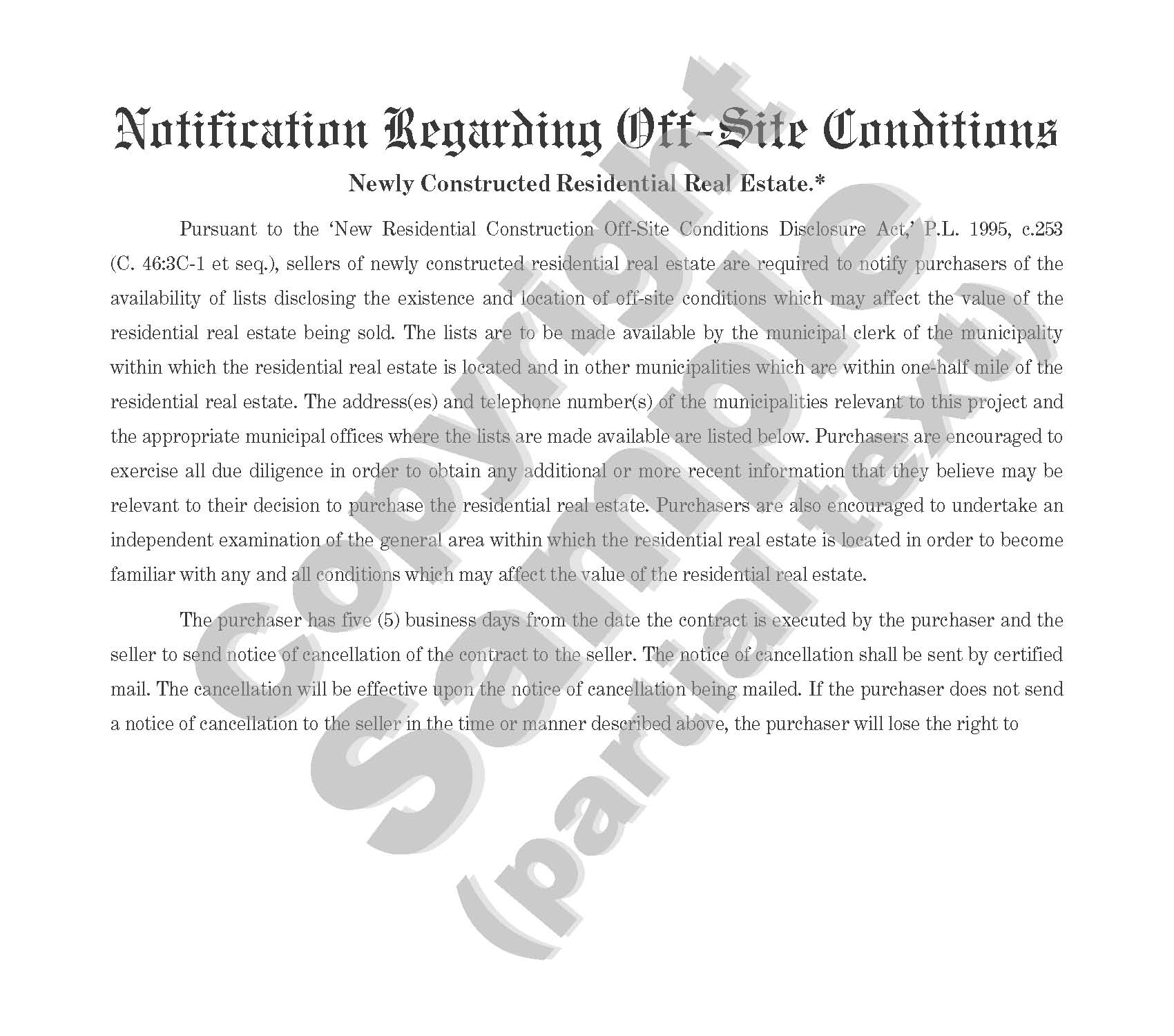 Notification Regarding Off-Site Conditions - Newly Constructed Residential Real Estate