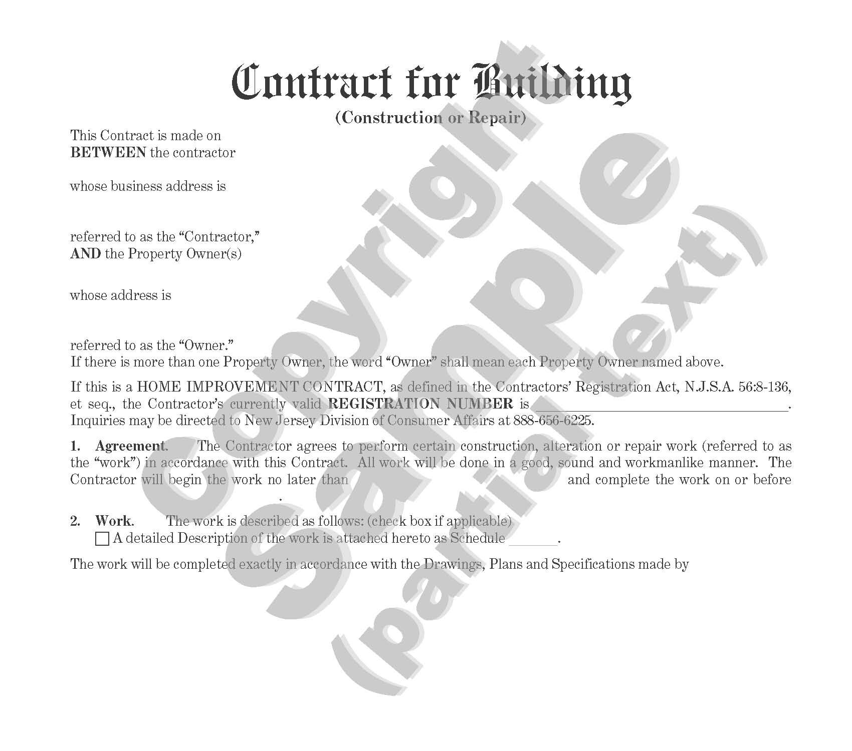 Contract for Building - Construction or Repair - Individual or Corporate