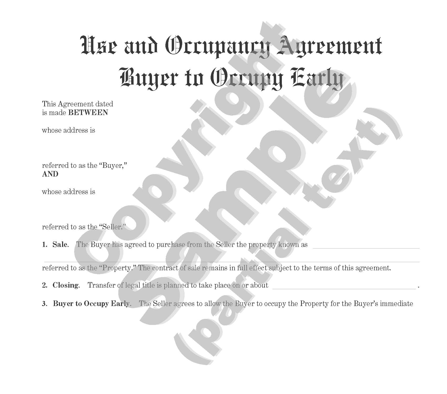 Use and Occupancy Agreement - Buyer to Occupy Early - Plain Language