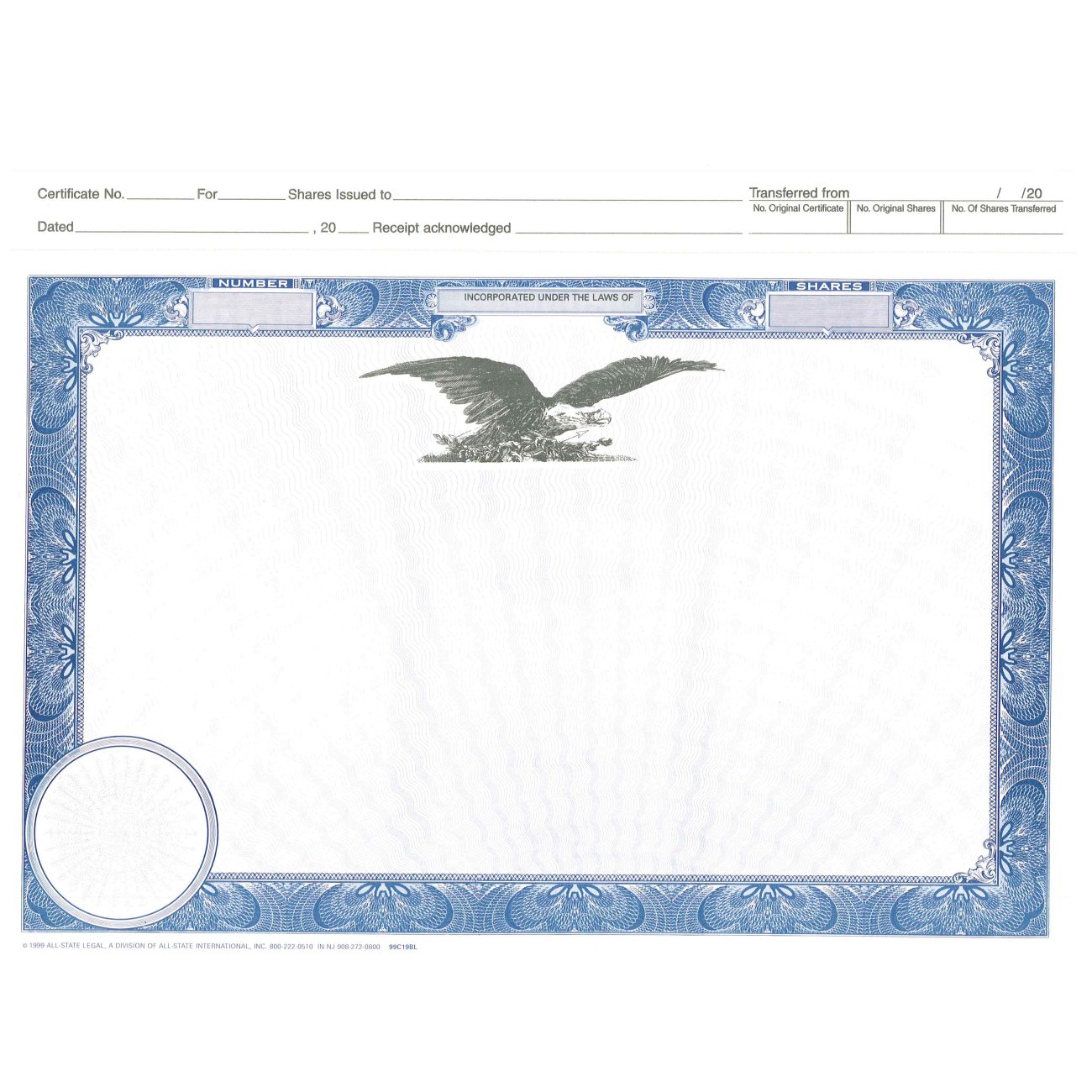 Blank Top Stub Certificates, Eagle Only