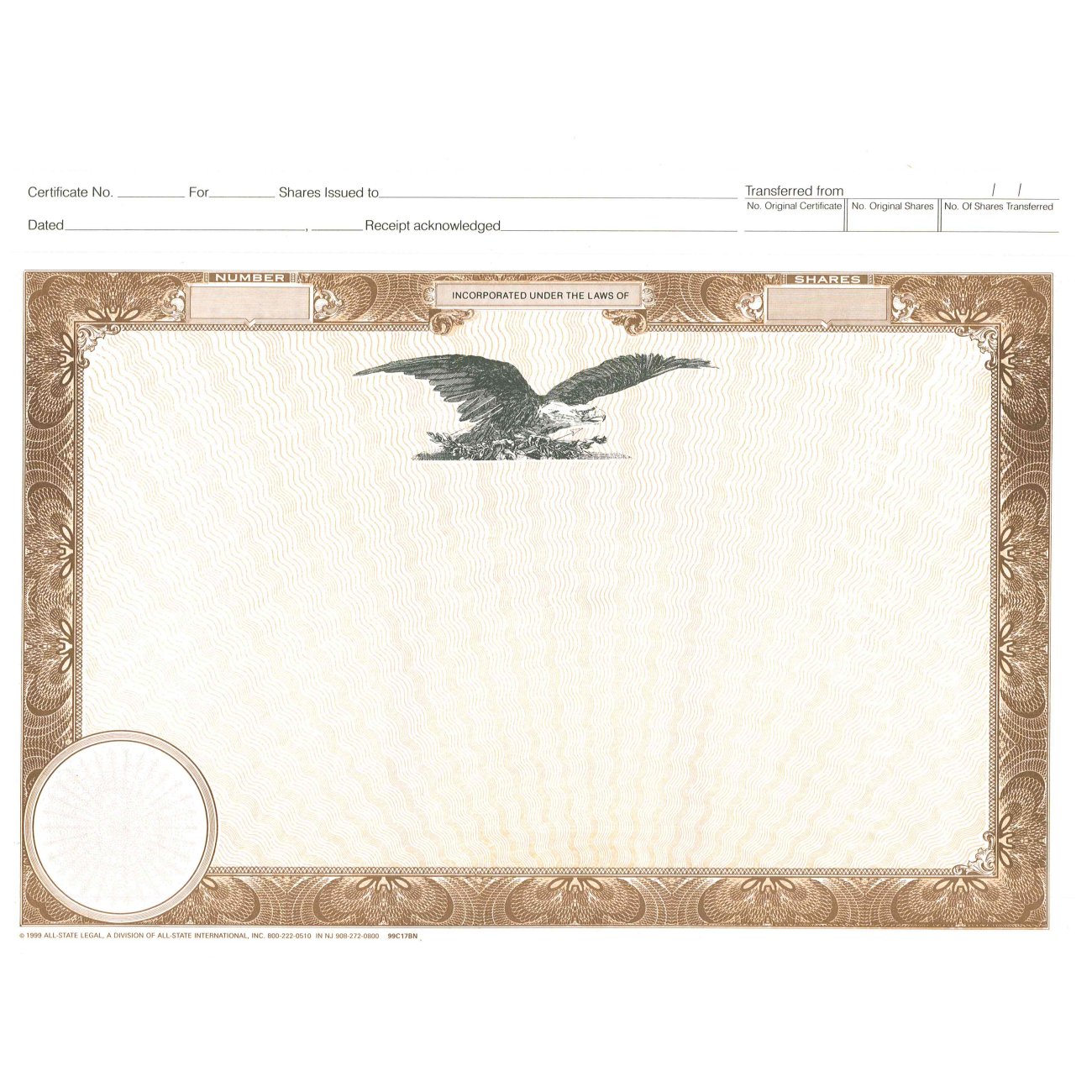 Blank Top Stub Certificates, Eagle Only