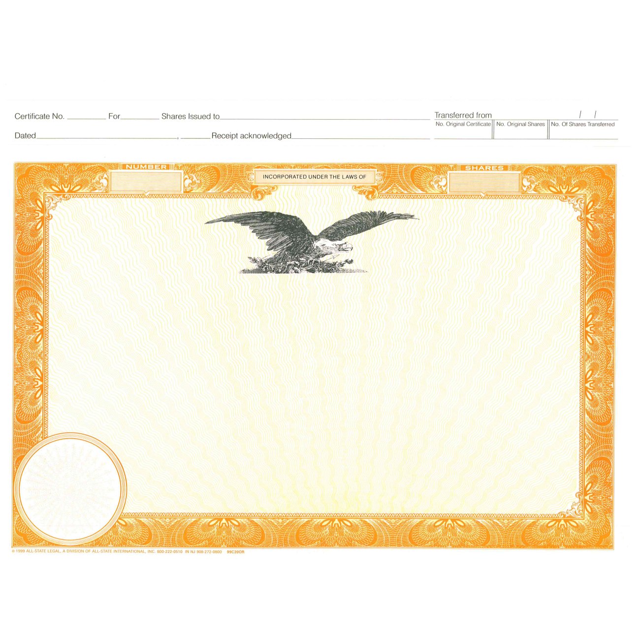 Blank Top Stub Certificates, Eagle Only